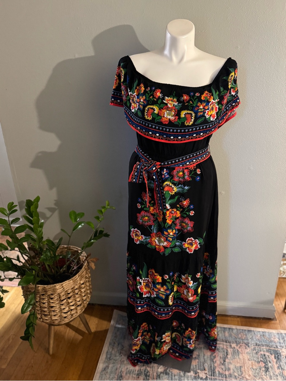 Flying Tomato Black Maxi Dress with Bright Floral Embroidery